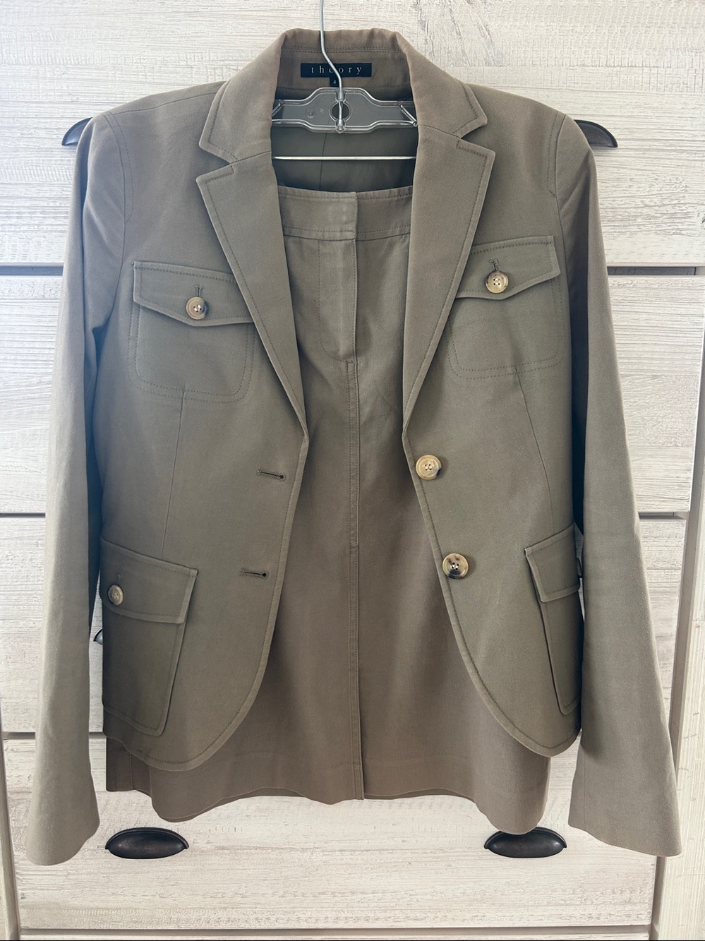Theory Olive Utility Blazer and Skirt Set